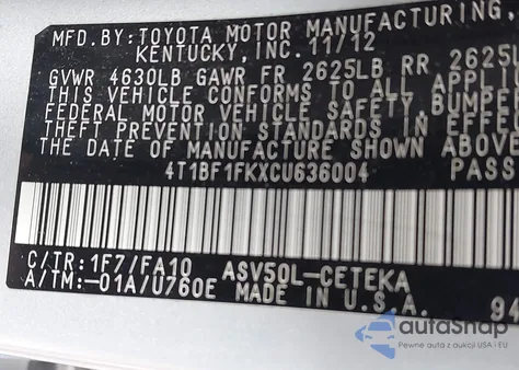 2012 Toyota Camry L z USA, uszkodzony, nr VIN 4T1BF1FKXCU636004